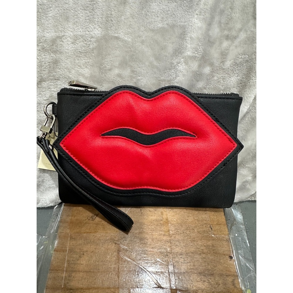 EXPRESS Women's Black Faux Leather Wristlet Clutch Red Lips Makeup Bag Pouch NWT